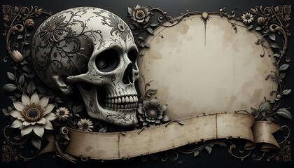 Ornate Skull and Frame with Floral Accents, Ideal for Halloween