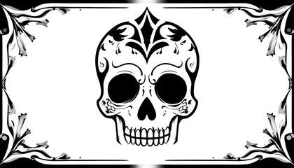 Fototapeta premium Ornate Skull Illustration with Floral Border for Dia De Los Muertos