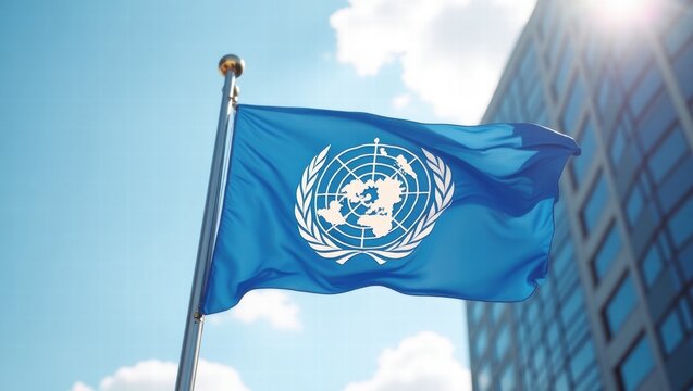 United Nations flag waving against clear blue sky  