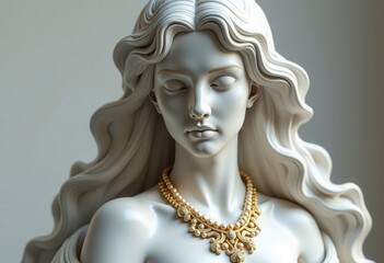 Elegant marble statue of a woman with gold and pearl necklace, positioned for graphic design use. AI-generated, high-quality 8K render, ideal for creative projects and branding.