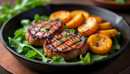 a grilled steak, accompanied by roasted vegetables and a bed of arugula, is presented in a dark-colored cast iron skillet.