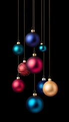 Christmas baubles Colorful ornaments hanging against black background Festive season decor