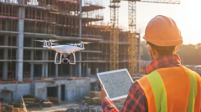 A drone surveyor conducting land mapping for construction projects, large construction site with drones flying over and data collection on tablet, High-tech style