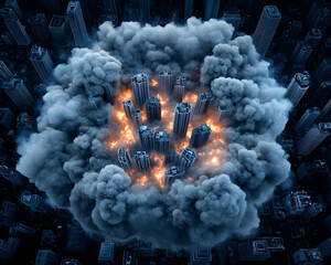 City skyscrapers encircled by a dense cloud of smoke and fire