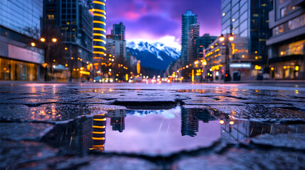 City street at dusk, reflecting in a puddle, mountains in background