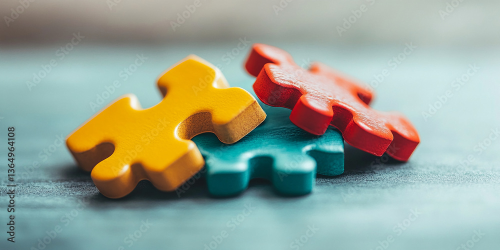Poster close-up of three puzzle pieces: yellow, red, teal. they symbolize connection, teamwork, and problem