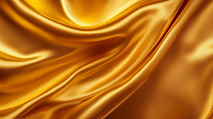 Fototapeta premium Gold drapery silk fabric luxury background. Yellow abstract satin cloth vector texture pattern. Smooth shiny drape material curtain. Elegant golden curve motion image realistic horizontal design.