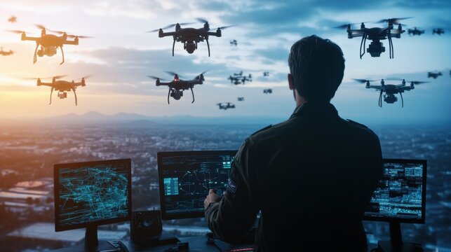 A drone swarm operator controlling multiple UAVs, open landscape with multiple drones in the sky and control panels in the background, High-tech style