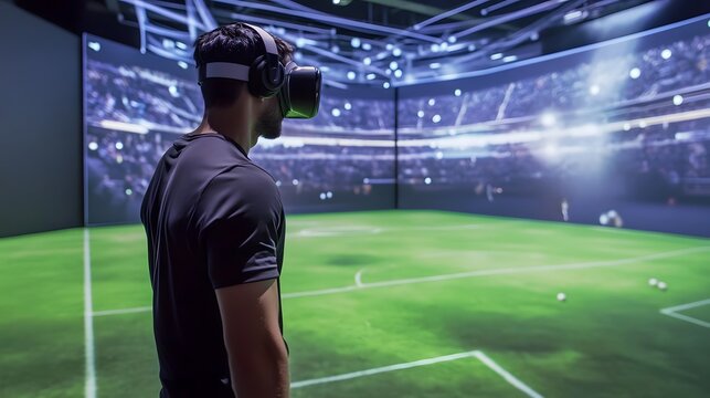 Immersive Soccer Experience: A man is immersed in a virtual reality environment, experiencing a soccer stadium with a VR headset, blending technology with sports. 