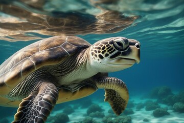 Fototapeta premium A Majestic Large Turtle Gracefully Swimming in the Clear Blue Ocean. Generative AI