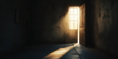 Dark Room with Light Shining Through an Open Door on the Right Side