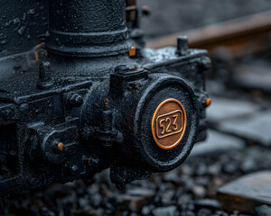 Close-up of weathered dark metal locomotive detail, number 523 visible