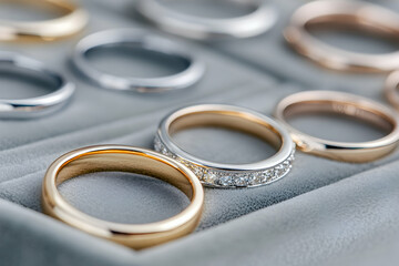 Close-up of various wedding bands in a gray velvet box