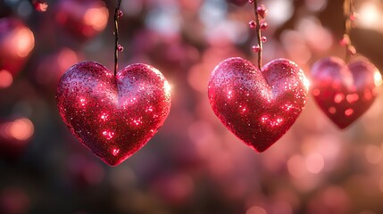 Blurred hearts and a soft glow create a romantic scene with floating pink metallic hearts, perfect for Valentine's, Mother's, or spring.