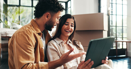 Mortgage, renovation and tablet with couple in living room of new home together for property investment. Boxes, love or planning with man and woman in apartment for bonding, growth or real estate