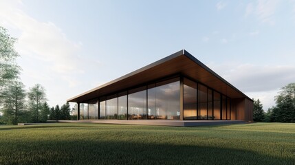 Obraz premium Modern architectural design of a sleek wooden house nestled in nature during daylight