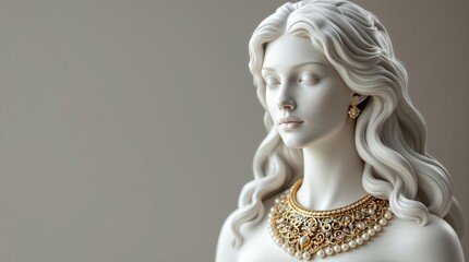 Elegant marble statue of a woman with gold and pearl necklace, positioned for graphic design use. AI-generated, high-quality 8K render, ideal for creative projects and branding.