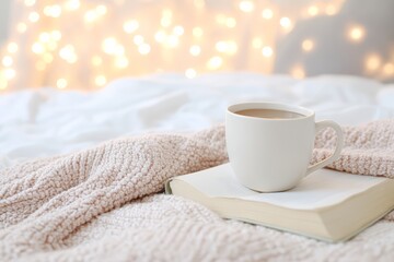 Cozy Morning Scene with Cup of Tea on Book, Soft Blanket and White Baby’s Breath Flowers