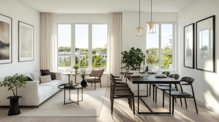 Fototapeta premium Modern European Apartment Interior, Sunlight, Dining Area, Living Room