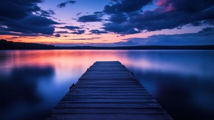 Obraz premium Calm Lakeside Sunset Dock at Dusk