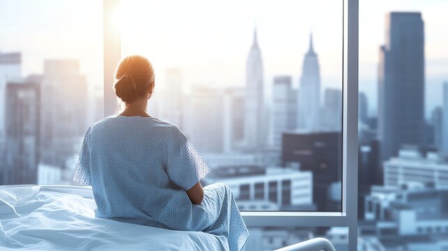 Woman in Hospital Gown Looks Out Window at City Skyline