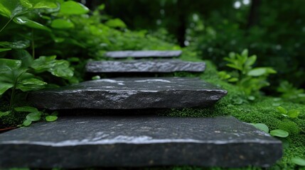 Dark stone steps winding through lush green garden