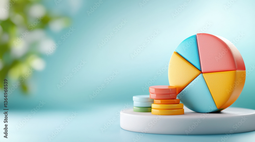 Poster colorful 3D pie chart with animated segments is displayed smooth platform, set against soft blue background. chart is accompanied by stacked circular elements, creating dynamic business