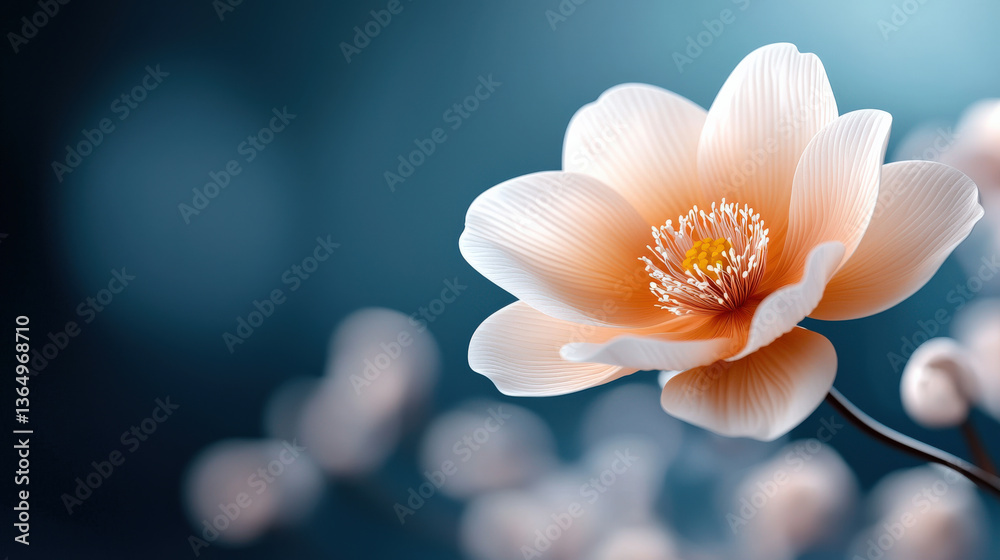 Poster delicate 3D flower with detailed petals and soft gradient blooms against blurred background, creating serene and elegant atmosphere