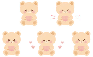 ハートを持つかわいいくまの水彩イラストセット