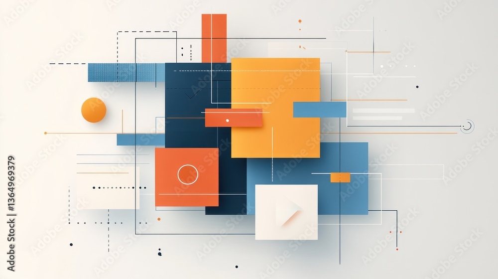Poster abstract geometric shapes overlap, creating a dynamic and colorful composition