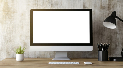 Fototapeta premium An empty picture frame rests on a stylish, minimalist desk, creating a blank canvas waiting for memories or inspiration in a contemporary workspace environment.