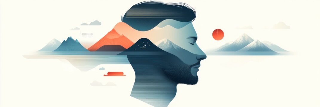 Serene landscape reflected within a man's mind, symbolizing inner peace and vast potential