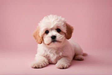 Obraz premium Adorable Puppy Posing Playfully Against a Soft Light Pink Background, Generative AI