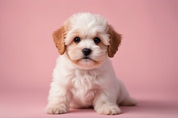 Obraz premium Adorable Puppy Posing Playfully Against a Soft Light Pink Background, Generative AI
