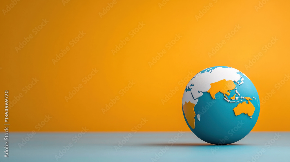 Poster playful 3d globe with simplified continents and vibrant oceans stands against bright orange backgrou