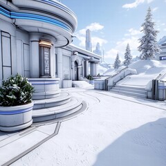Obraz premium Futuristic cityscape with snow-covered terrain illustrating a unique blend of nature and technology