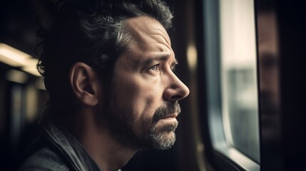 Side profile of thoughtful man on a train eyes fixed on the passing scenery Cool desaturated tones soft bokeh reflections high contrast shadows