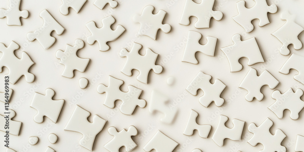 Poster off-white puzzle pieces scattered on a light background, suggesting connection, collaboration, or pr