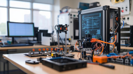 Workspace equipped with various mechatronics devices, including sensors, controllers, and a computer, showcasing an environment conducive to engineering projects and experimentation.