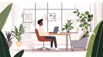 Fototapeta premium An employee sitting at a modern desk in a well-lit office, surrounded by a few office plants and a comfortable chair. 
