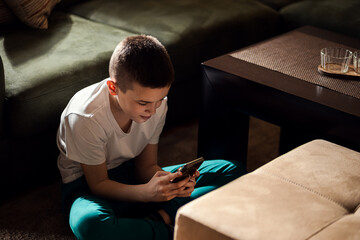 Boy sitting on floor at home using smart phone typing message to a friend.
