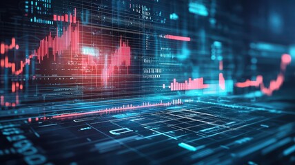 A futuristic digital interface displaying vibrant data visualizations and graphs, representing analytics and financial information.