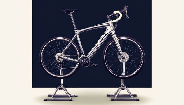 Sleek, silver electric bicycle displayed on stands against a dark background