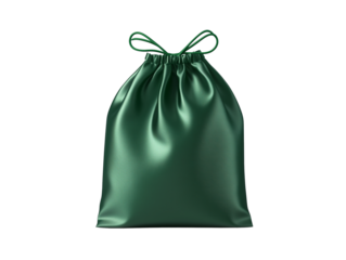Elegant green satin bag with drawstring, ideal for gift packaging or storing delicate items. Perfect for any use. Isolated, transparent background, png.