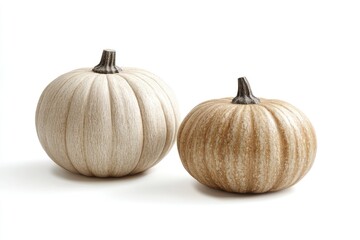 Two decorative pumpkins, one cream and one tan, sit side-by-side against a white background.  The pumpkins have a ribbed texture and natural-looking stems