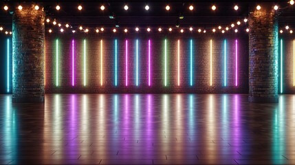 Cozy room featuring a rustic brick wall decorated with a row of charming string lights for ambiance