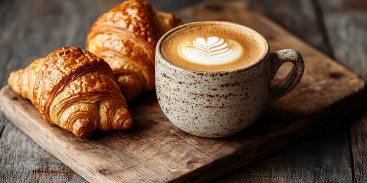 Golden croissants and a cup of latte art coffee on rustic wooden board, showcasing a cozy breakfast scene ideal for food blogs or cafe advertising