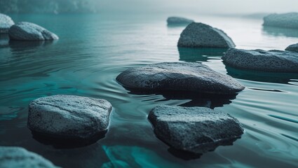 Coastal stones meet the blue horizon where sea waves kiss the rocky shore