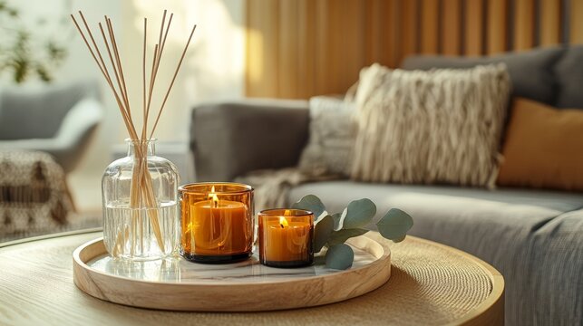 Cozy living room with amber candles and reed diffuser on wooden tray