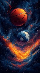 Fototapeta premium Basketball and Soccer Ball Floating in a Vibrant Cosmic Scene